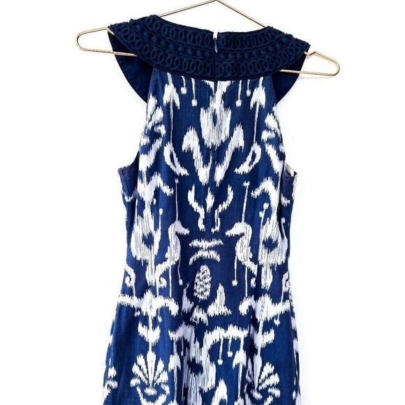 Vineyard Vines Blue White Ikat Print Embroidered Collar 100% Cotton Dress Size 0 - Picture 5 of 7